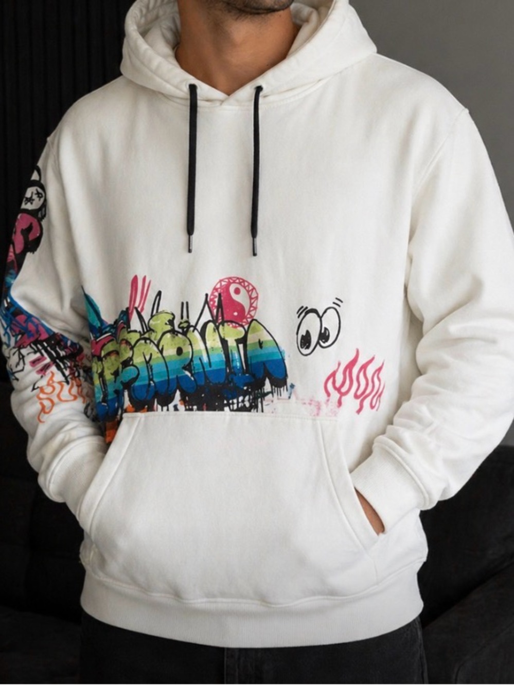 Hollister White Crewneck Hoodie with Multicolor Graffiti Graphic